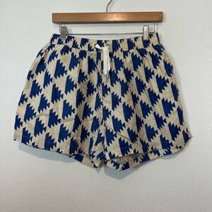 Felix Large Blue Cream Ikat Geometric Pull-On Linen Shorts Size Large